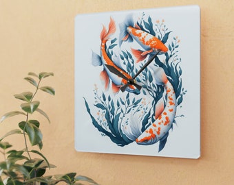 Koi Fish Square Wall Clock Unique Wall Clock Modern Wall Clock Kitchen Wall Clock Minimalist Clock