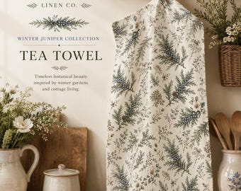 Winter Juniper Tea Towel, Botanical Kitchen Towel, Cottage Kitchen Decor