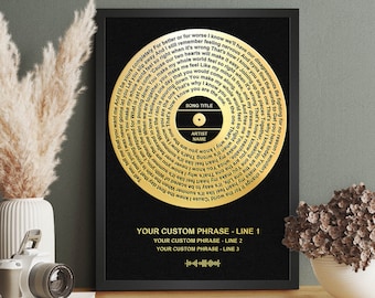 Custom Vinyl Foil Metallic Song Lyrics Print, Favourite Song Personalised Copper, Silver, Gold or Rose Gold Foil Lyric Print, Record Print