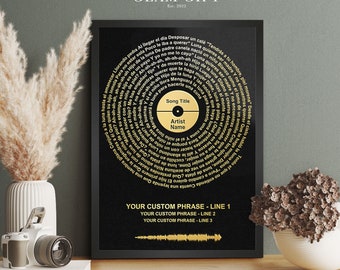 Personalised, Custom Vinyl Record Song Lyrics Foil Print, Wedding First Dance Song Print, With Sound Wave. Song Lyrics Vinyl Metallic Print.