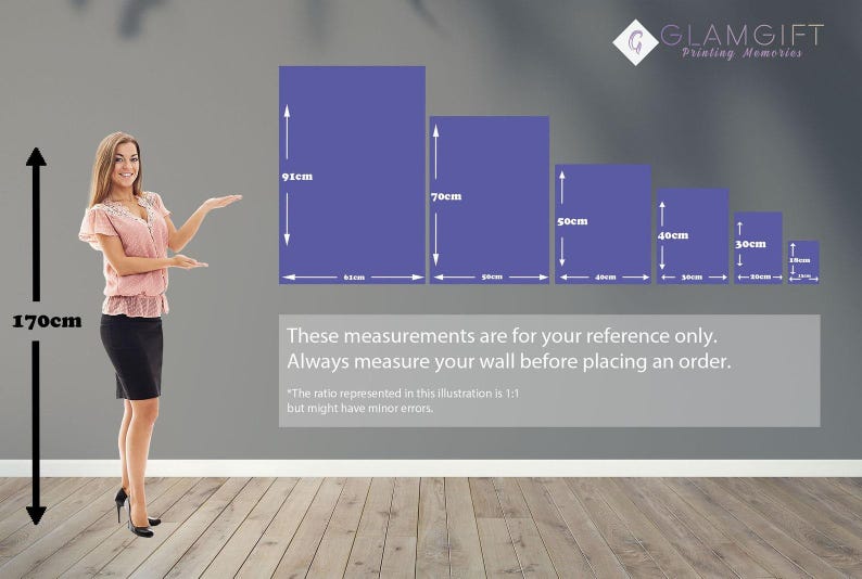 Visual size guide for wall art canvas prints from 18x13 cm to 91x61 cm, shown with a woman standing for height reference and scale comparison.