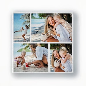 Family beach photo collage canvas — 4-photo square layout of mother and daughter at the seaside.