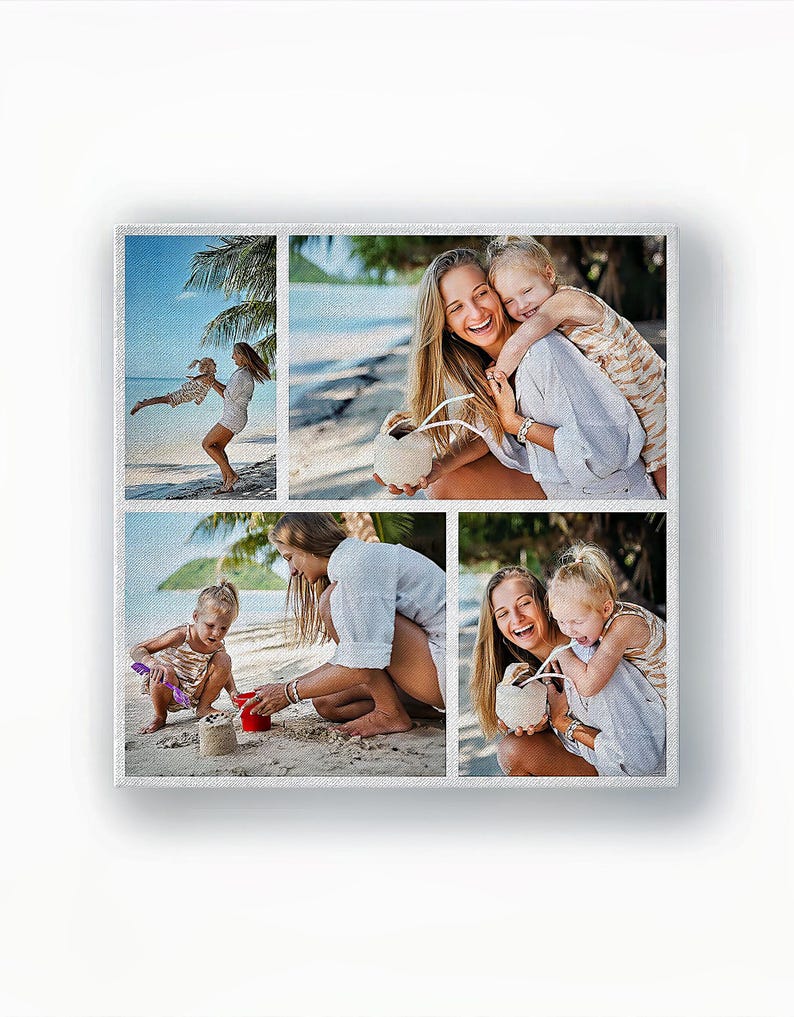Family beach photo collage canvas — 4-photo square layout of mother and daughter at the seaside.