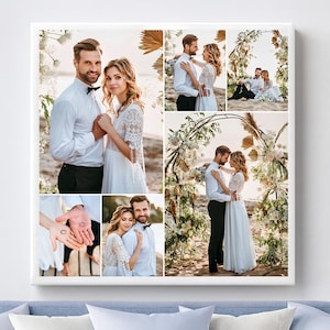 Custom photo collage canvas, square layout, hanging on a light grey wall above a blue sofa — personalised picture collage, ready to hang.