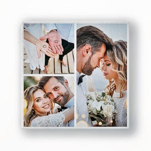 Wedding photo collage canvas, square multi-photo layout with rings and couple close-ups — personalised wall art.