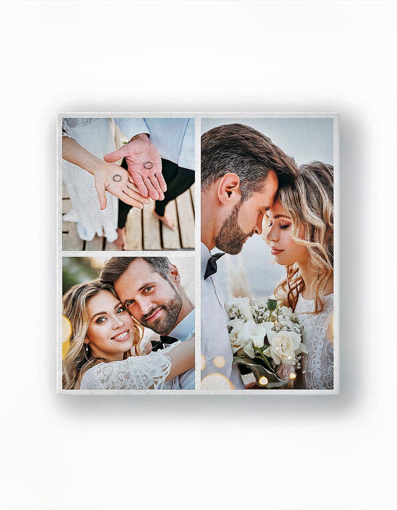 Wedding photo collage canvas, square multi-photo layout with rings and couple close-ups — personalised wall art.
