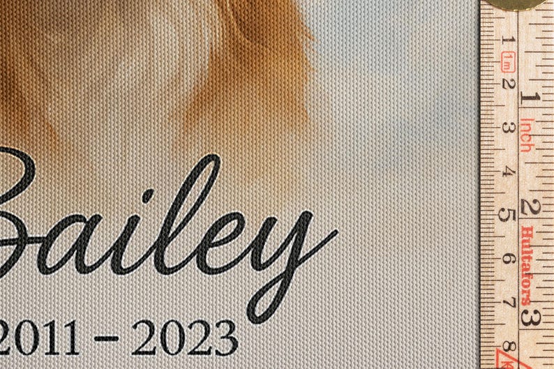 Angled close-up of the pet memorial canvas showing the printed name "Bailey" and dates, focusing on the texture and color fidelity of the canvas.