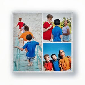 Kids holiday collage canvas — 3-photo square layout on the beach with bright colours.