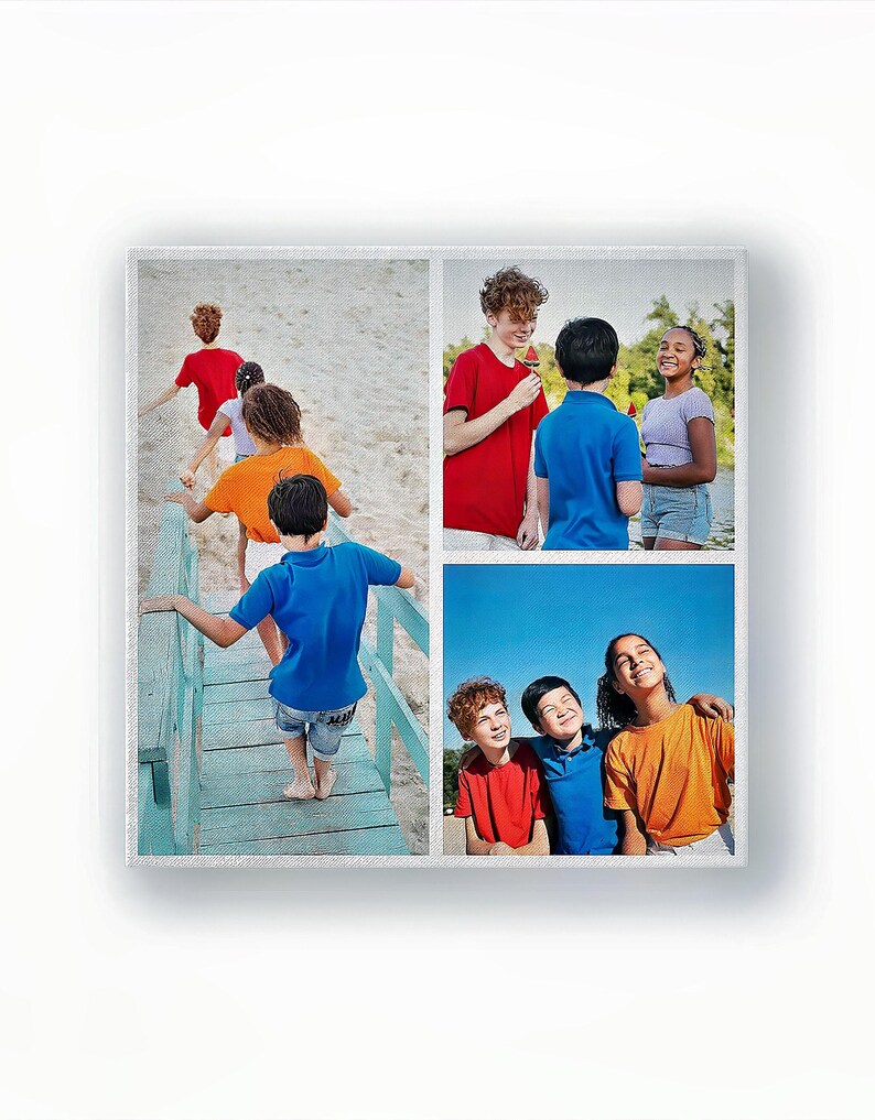 Kids holiday collage canvas — 3-photo square layout on the beach with bright colours.