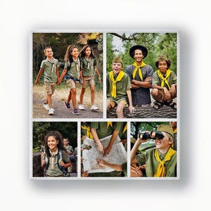 Outdoor adventure collage canvas — 5-photo square layout with kids, map reading and activities.