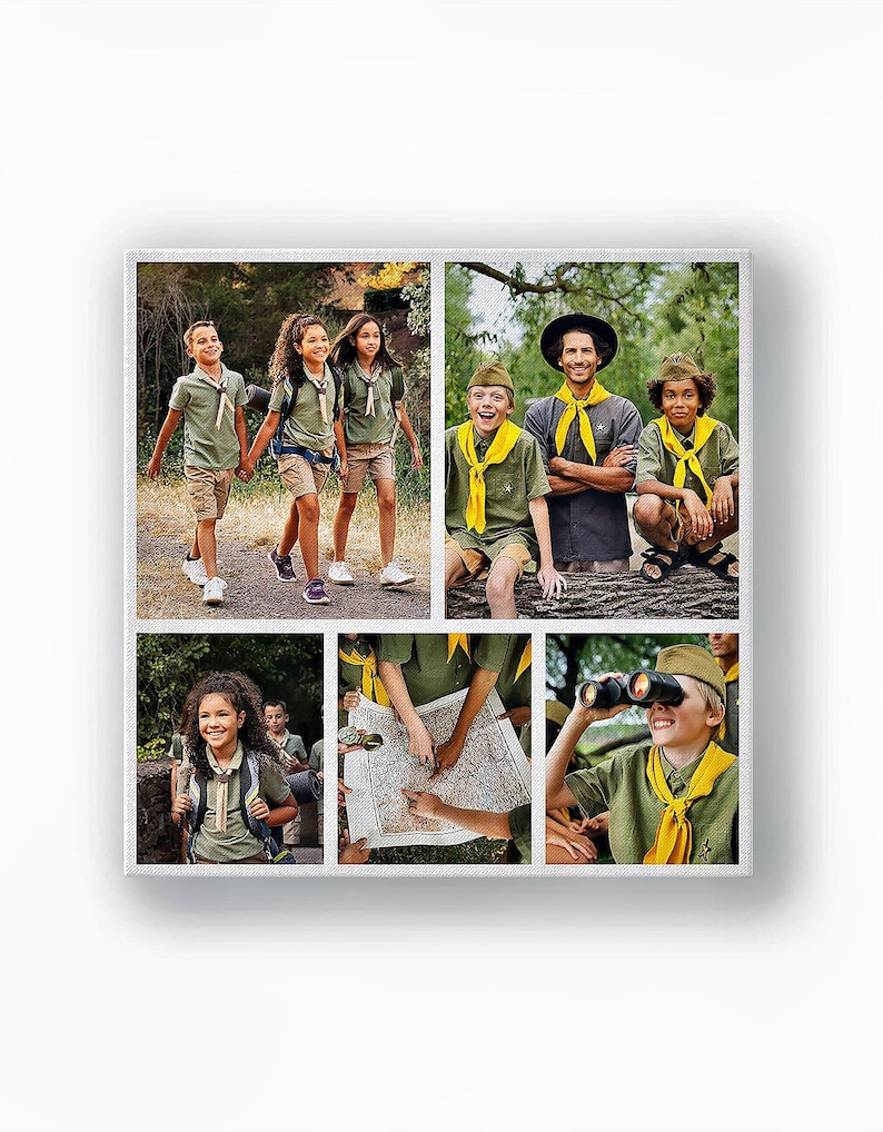 Outdoor adventure collage canvas — 5-photo square layout with kids, map reading and activities.