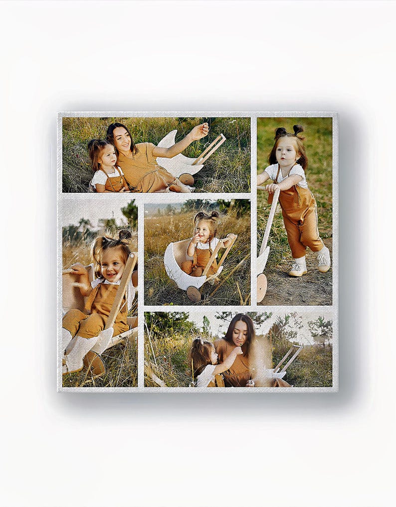 Children’s photo collage canvas — 5-photo square layout in a meadow, warm natural tones.