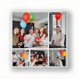 Office party collage canvas — 5-photo square layout with balloons and team celebration.