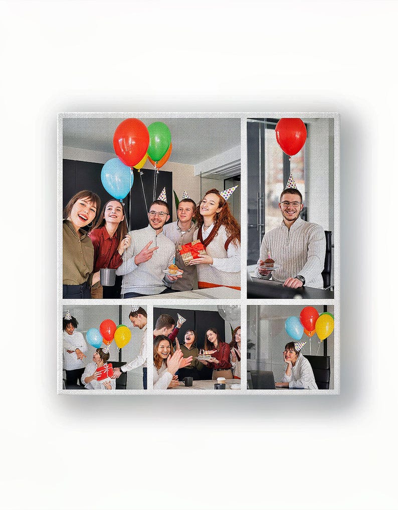 Office party collage canvas — 5-photo square layout with balloons and team celebration.