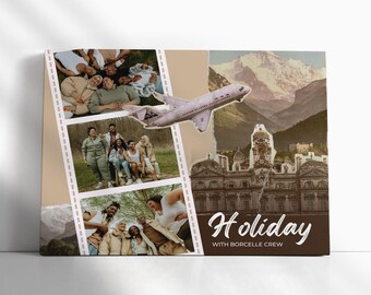 May include: A canvas print featuring a collage of travel-themed images. The design includes a photograph of a group of people, a vintage airplane, and a scenic mountain landscape. The word "Holiday" is written in a script font.