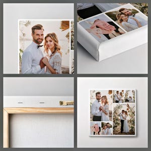 Close-up details of personalised photo collage canvas—textured canvas, wrapped edges, solid wood frame with sawtooth hanger, square collage preview.