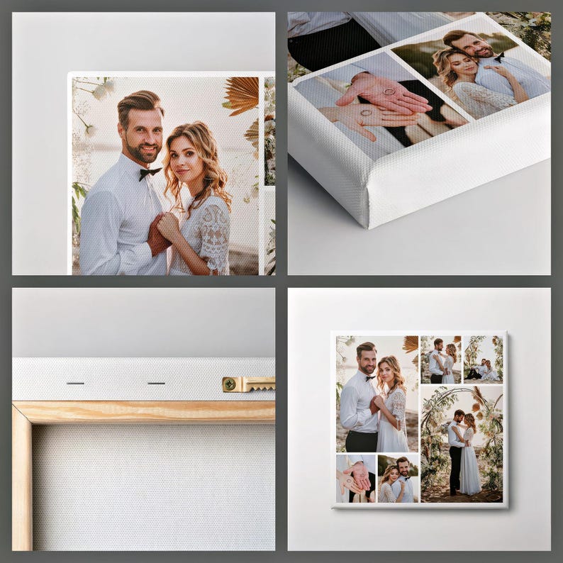Close-up details of personalised photo collage canvas—textured canvas, wrapped edges, solid wood frame with sawtooth hanger, square collage preview.