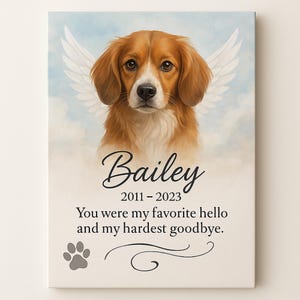 A pet memorial canvas print featuring a golden dog with angel wings, the name "Bailey," dates 2011–2023, and the quote "You were my favorite hello and my hardest goodbye," set against a soft sky background.