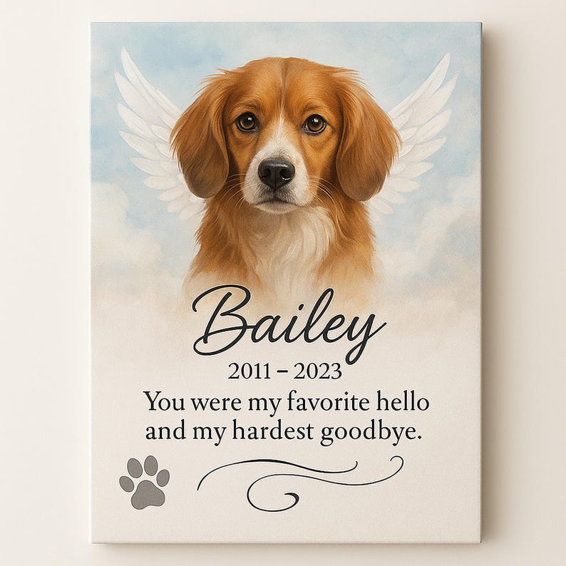 A pet memorial canvas print featuring a golden dog with angel wings, the name "Bailey," dates 2011–2023, and the quote "You were my favorite hello and my hardest goodbye," set against a soft sky background.