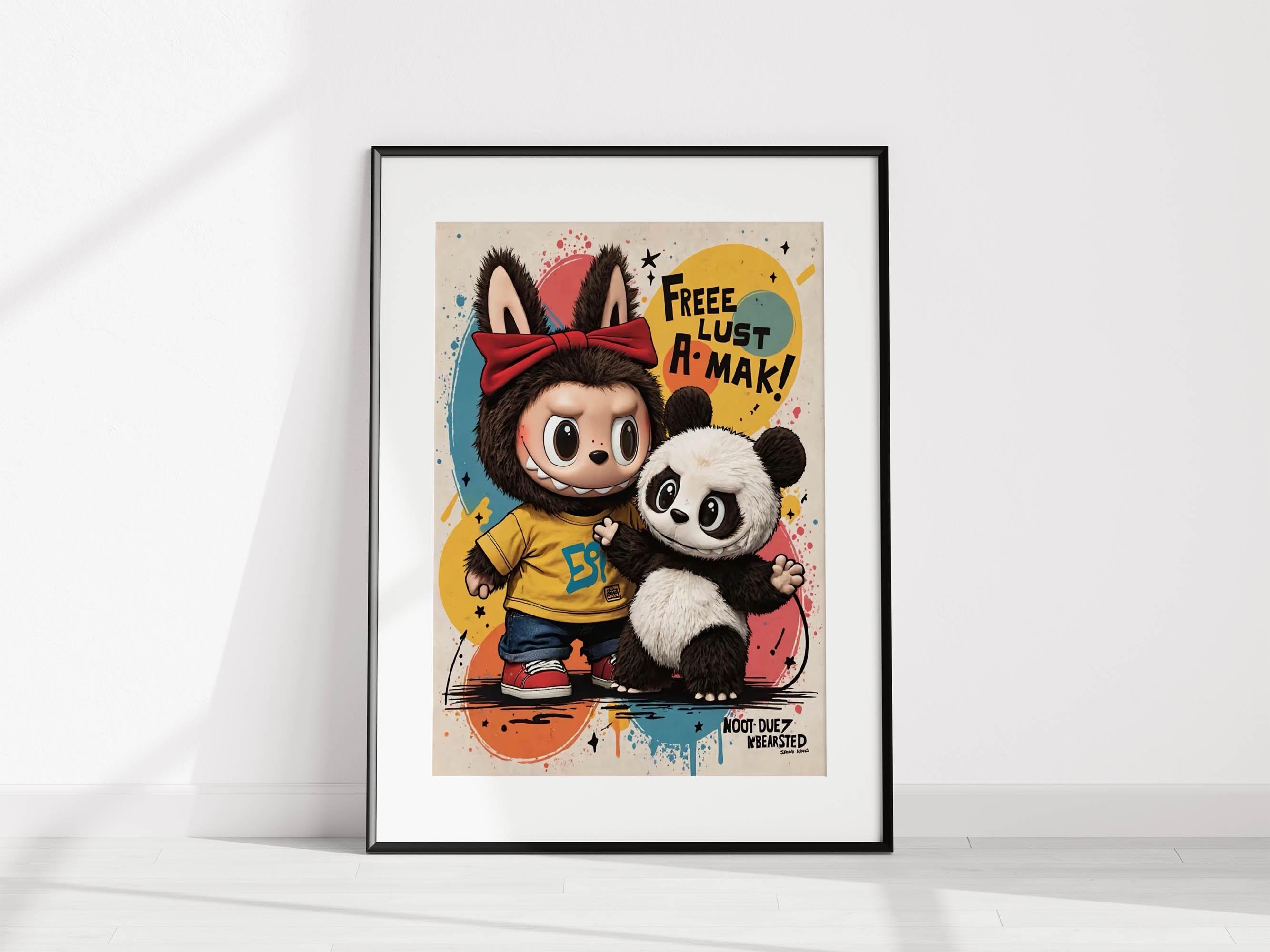 Labubu and Panda Wall Art – Cute Framed Poster or Canvas | Kawaii Cartoon Animal Print | Custom Pop Art Decor | Labubu Fan Gift