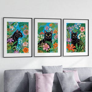 Set of 3 Black Cat Floral Prints – Botanical Cat Wall Art | Framed or Unframed Posters | Cat Lover Gift | Custom Pet Decor Modern Pet Art