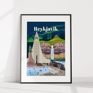 Arte murale di Reykjavik - Stampa di poster di viaggio in Islanda / Illustrazione di città con paesaggio nordico / Decorazione con o senza cornice