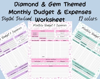 Diamond and Gem Theme Monthly Budget and Expenses Worksheets 12 colors digital download printable sparkle