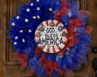 Patriotic God Bless America Wreath, Red White Blue Stars, 4th of July Door Decor