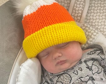 Hand-Knitted Candy Corn Beanie with Pom-Pom – All Sizes Halloween Hat