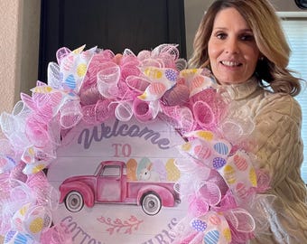 Pink Truck Easter Wreath: Farmhouse Spring Front Door Decor
