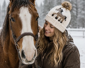 Chunky Knit Horse Beanie: Wool Acrylic Blend, Farm Style, Homestead, Women’s gift