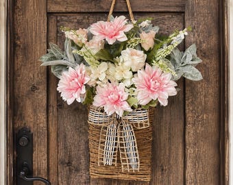 Farmhouse Pink Dahlia Lambs Ear Flower Basket Wreath – Spring Summer Door Decor - Front door basket