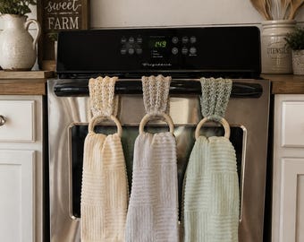 Hand Knitted Kitchen Towel Holder, Farmhouse Rustic Cottage Decor, Wooden Ring Accessory