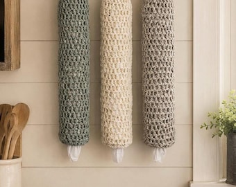 Hand Knitted Grocery Bag Holder, Farmhouse Boho Kitchen Organizer, Plastic Bag Holder