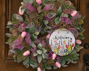 Pink Tulip Wreath – Farmhouse Spring Door Hanger with Welcome Sign, Front Porch Wreath