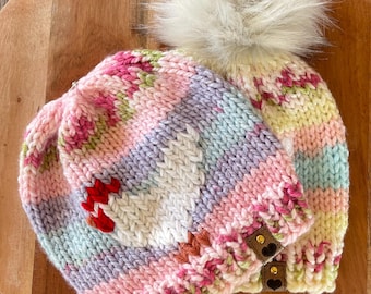 Hand-Knitted Multicolored Beanie, Extra Large Pom-Pom, Farm Animal Hat