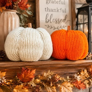 Hand Knitted Pumpkin with Cinnamon Stick Stem, Farmhouse Fall Decor, Autumn knit decor