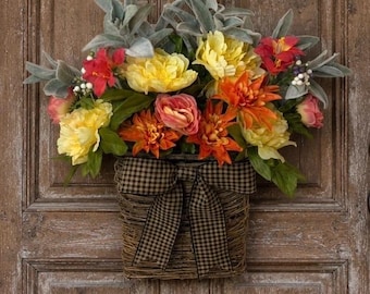 Fall Farmhouse Door Basket -Lamb's Ear & Floral Wreath - Homestead porch decor