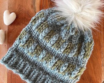 Hand Knit Chunky Beanie: Women's Campfire Hat with Pom-Pom