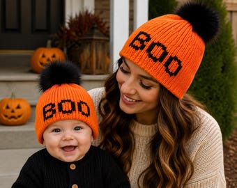 Orange Halloween boo beanie with a black pom-pom - Matching family hats - Winter beanies