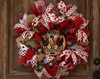 Farmhouse Chicken Christmas Wreath - Polka Dot Holiday Door Decor - Deco mash wreath - Homestead gift