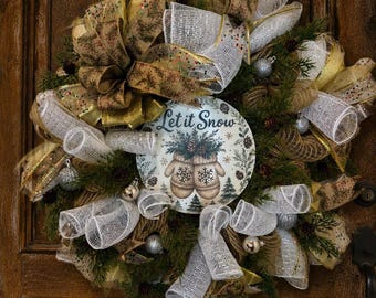 Rustic Winter Wreath, Let It Snow Christmas - Deco mash front door wreath - Christmas decor