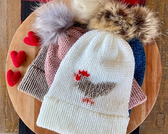 Knitted Chicken Beanie with Pom-Pom – Cozy Farm Animal Hat (Adults, Kids - Hen hat - Homestead gift