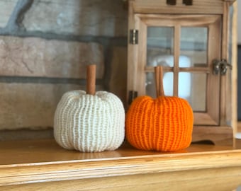 Hand Knitted Pumpkin with Cinnamon Stick Stem, Farmhouse Fall Decor,  Autumn mantle decor, Halloween home decor