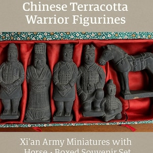 Set of 5 Vintage Chinese Terracotta Warrior Figurines – Xi’an Army Miniatures with Horse – Boxed Souvenir Set