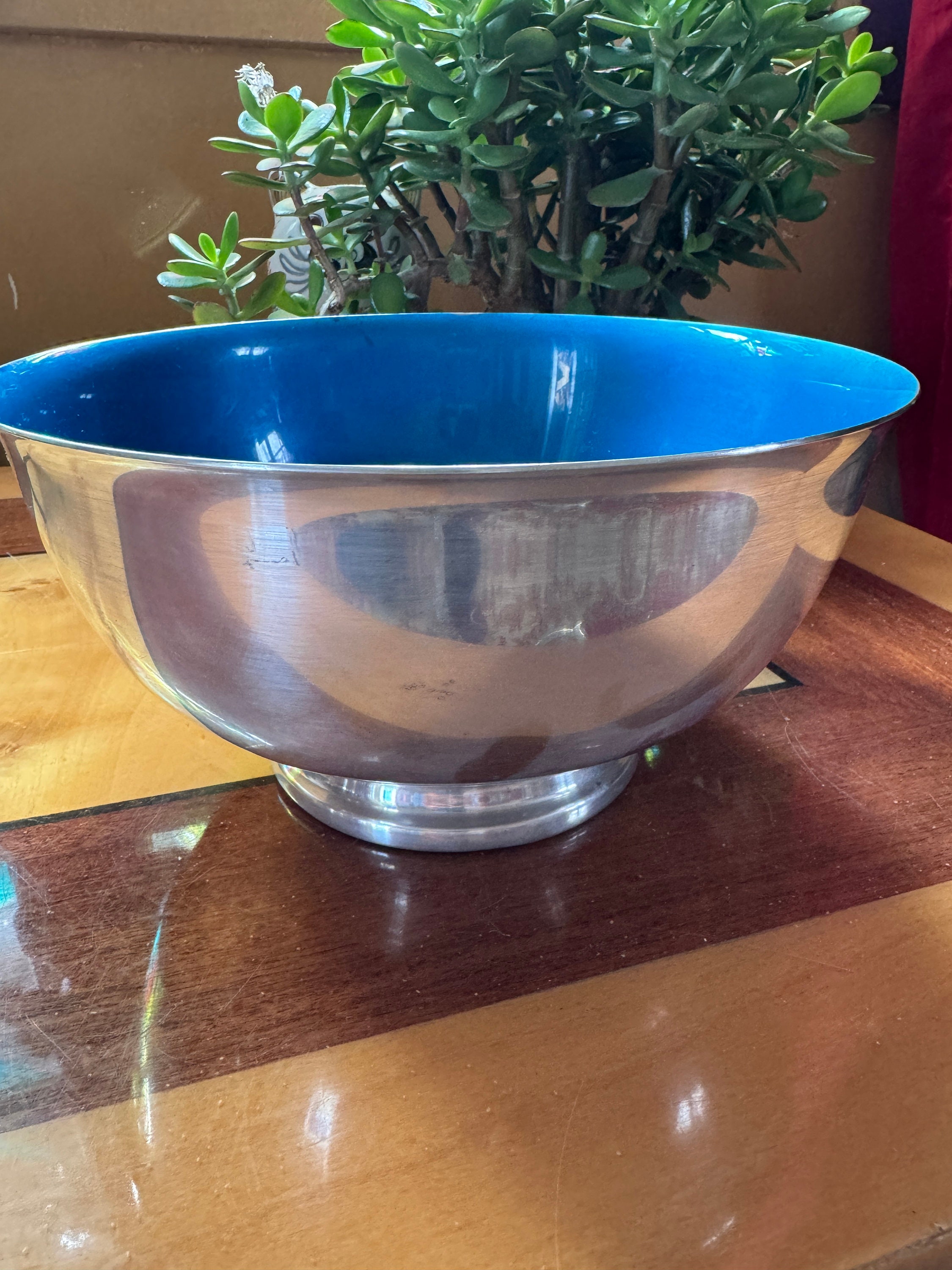 vintage round serving bowl Reed & Barton azure blue enamel has scratches silver plated No. 105