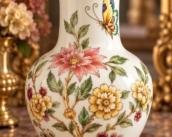 Peut inclure: Un vase en porcelaine blanche avec un bord et une base dorés, orné d'une illustration botanique colorée de fleurs roses et jaunes avec des feuilles vertes et un papillon aux ailes bleues, jaunes et rouges sur la partie supérieure du vase.