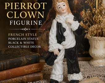 Vintage Pierrot Clown Figurine – Black & White Porcelain Harlequin Statue – French Style Decorative Collectible