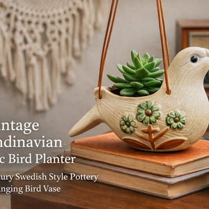 Vintage skandinavischer keramischer Vogel-Blumentopf • Mid-Century Blumenvase