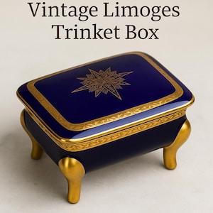 Vintage Limoges Porcelain Trinket Box, Cobalt Blue & Gold Jewelry Box, Rectangular Footed Limoges France, c.1960s